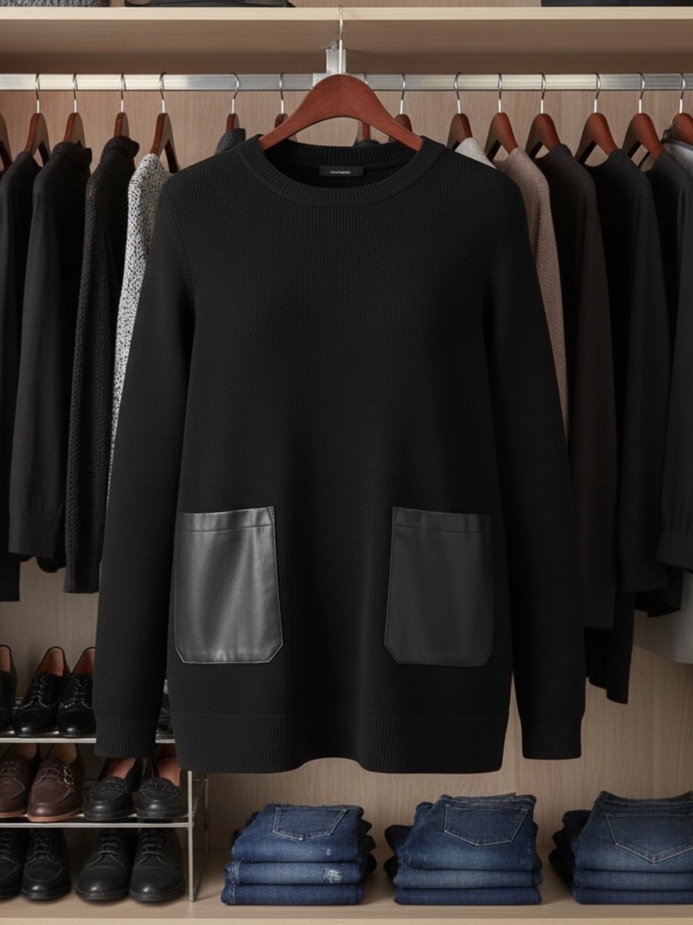 Banana Republic Black Crewneck Sweater with Faux-Leather Patch Pockets